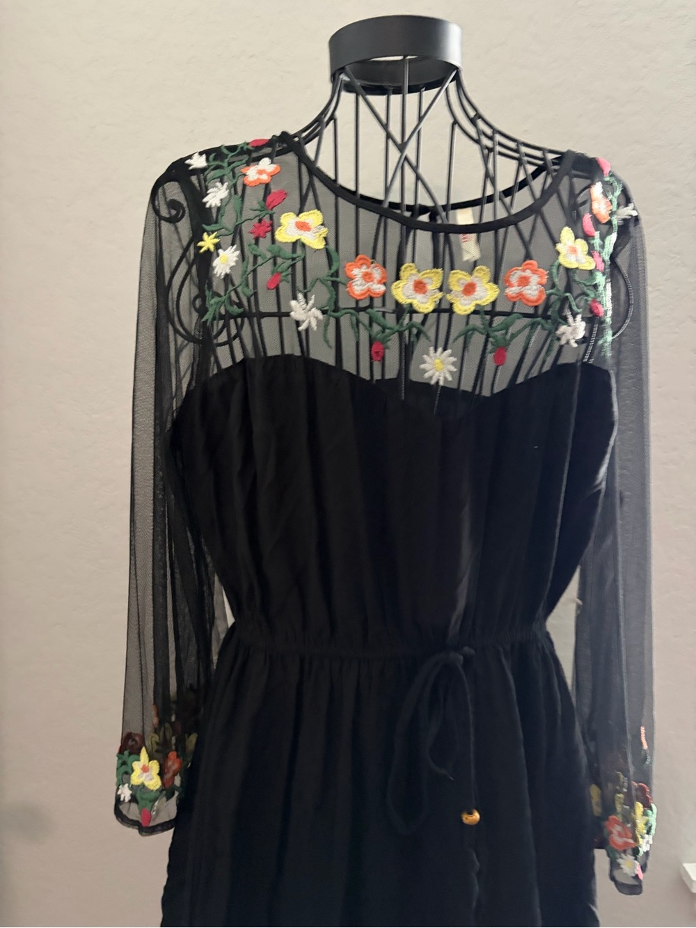 True Destiny Black Long Sleeve Mesh Dress with Multicolor Floral Embroidery